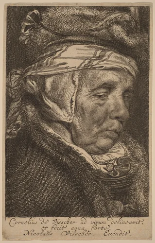 Head of an Old Woman (Visscher's Mother) by Cornelis Visscher, print, 1645-1655