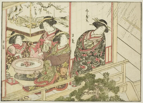 Courtesans of the Kiribishiya, from the book "Mirror of Beautiful Women of the Pleasure Quarters (Seiro bijin awase sugata kagami)," vol. 2 by Katsukawa Shunsho (勝川 春章), print, 1776