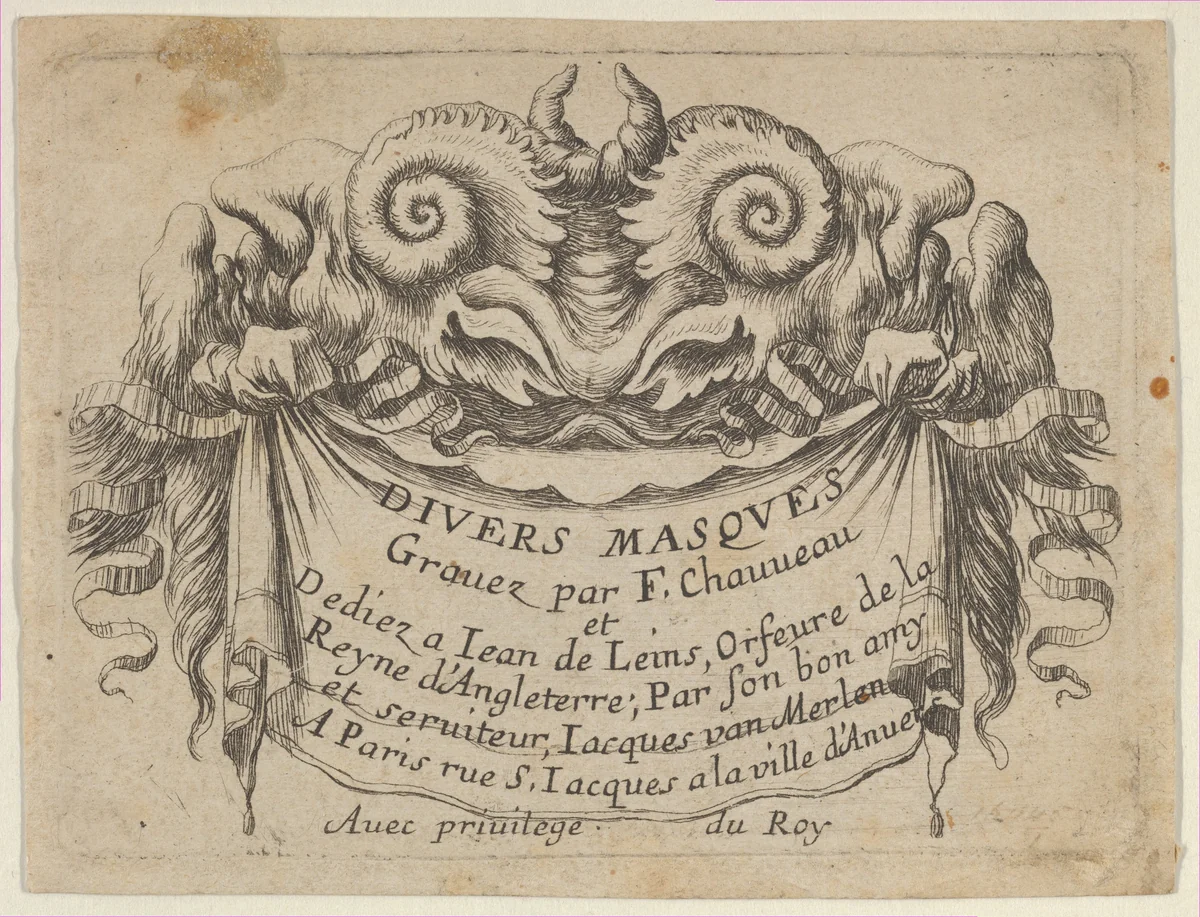 Title Plate with Two Satyr Heads, from "Divers Masques" by François Chauveau, print, 1630-1650