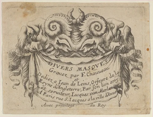 Title Plate with Two Satyr Heads, from "Divers Masques" by François Chauveau, print, 1630-1650