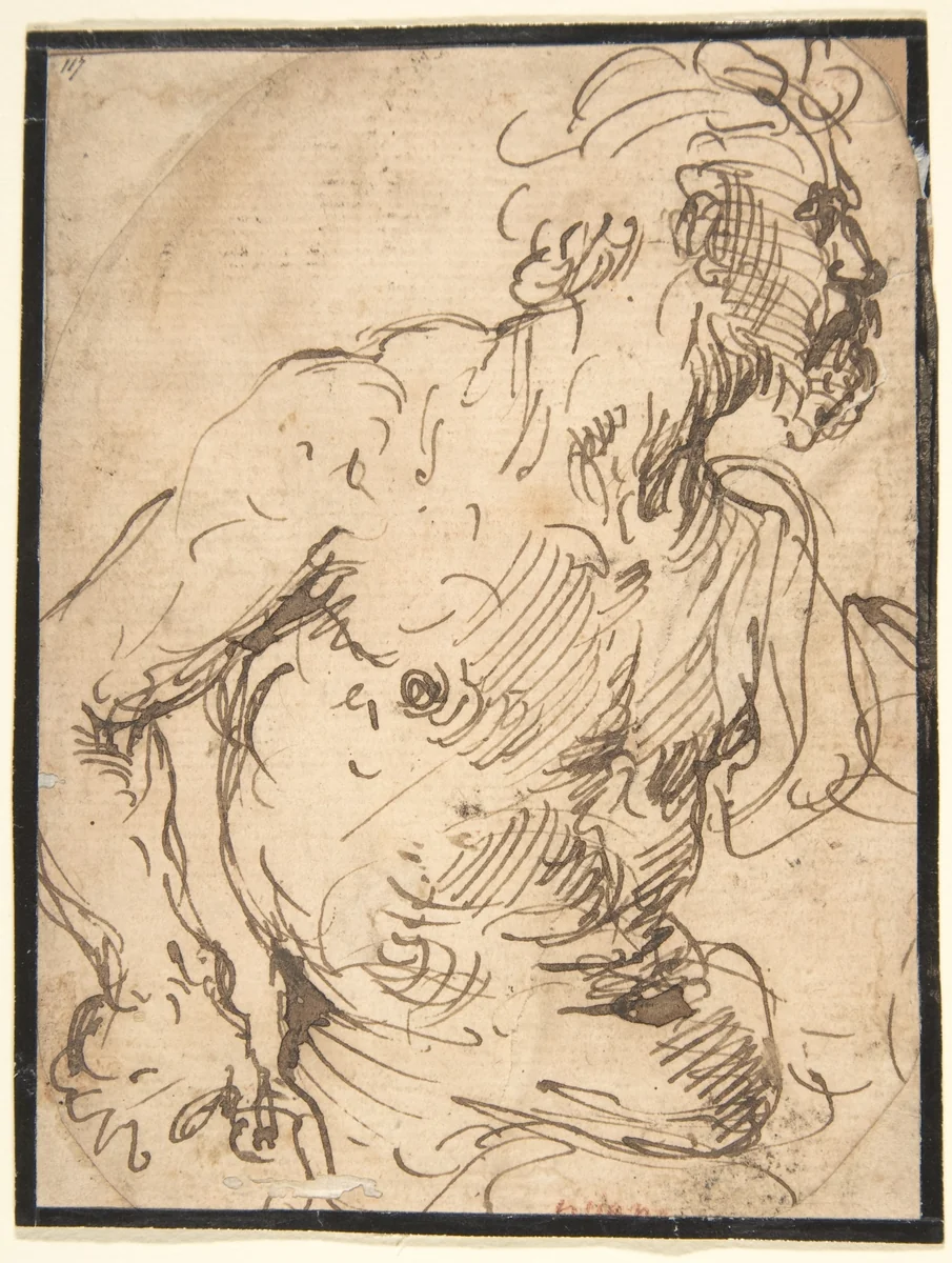 Study of a Seated Nude, Bearded Man in Half-Length by Francisco de Herrera, drawing, 1590-1654