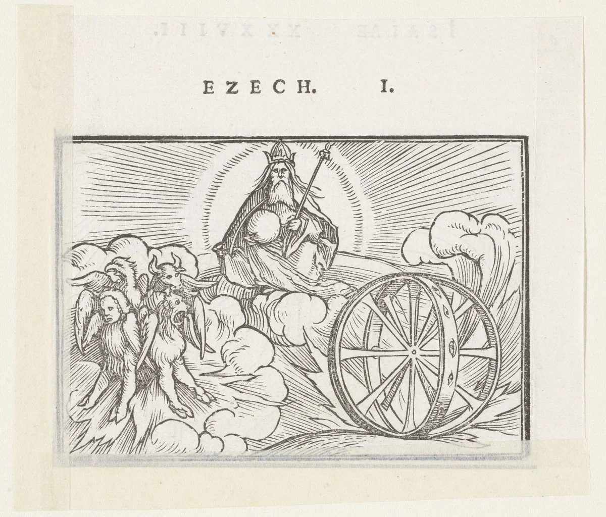 Visioen van Ezechiël met God en symbolen van vier evangelisten by Hans Holbein, print, 1538