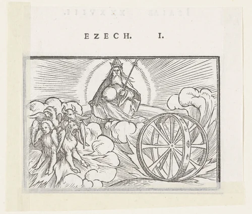 Visioen van Ezechiël met God en symbolen van vier evangelisten by Hans Holbein, print, 1538