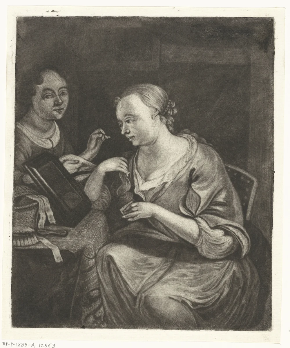 Twee vrouwen bij een spiegel by Jacob Hoolaart, print, 1723-1789