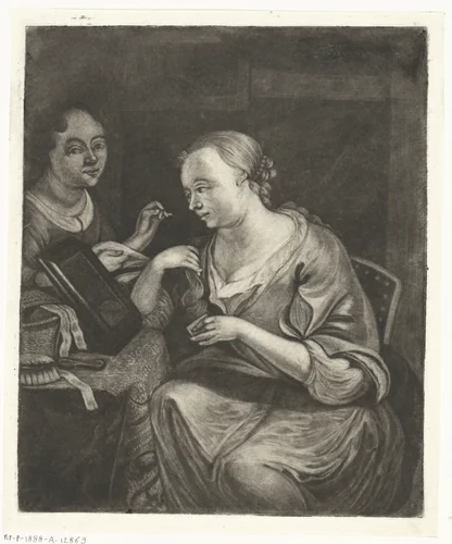 Twee vrouwen bij een spiegel by Jacob Hoolaart, print, 1723-1789