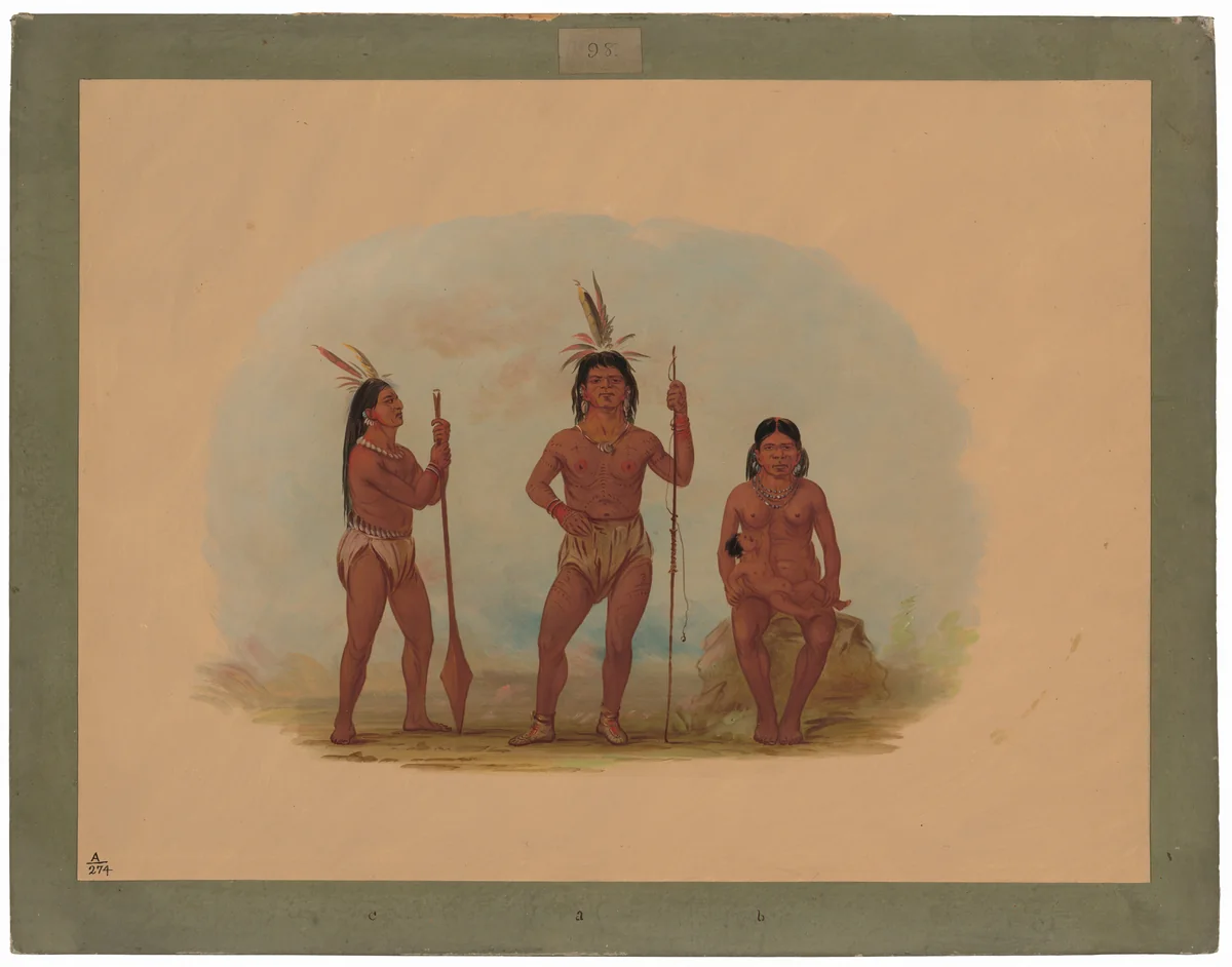 Klahoquaht Chief, His Wife, and Son by George Catlin, painting, 1855-1869