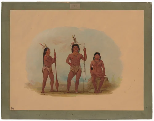 Klahoquaht Chief, His Wife, and Son by George Catlin, painting, 1855-1869