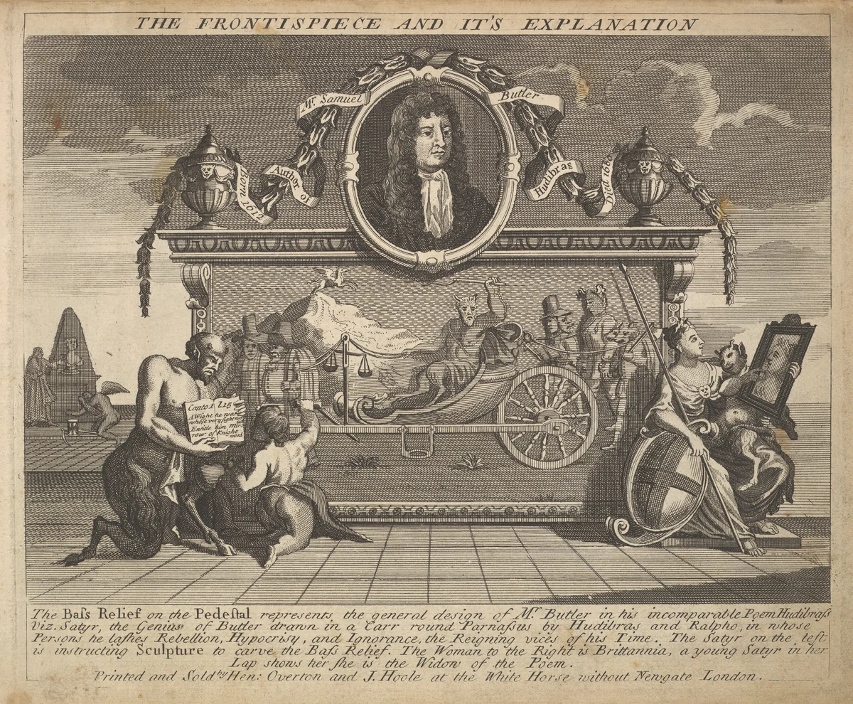 The Frontispiece and Its Explanation (Plate 1: Illustrations to Samuel Butler's Hudibras) by William Hogarth, print, 1725-1730