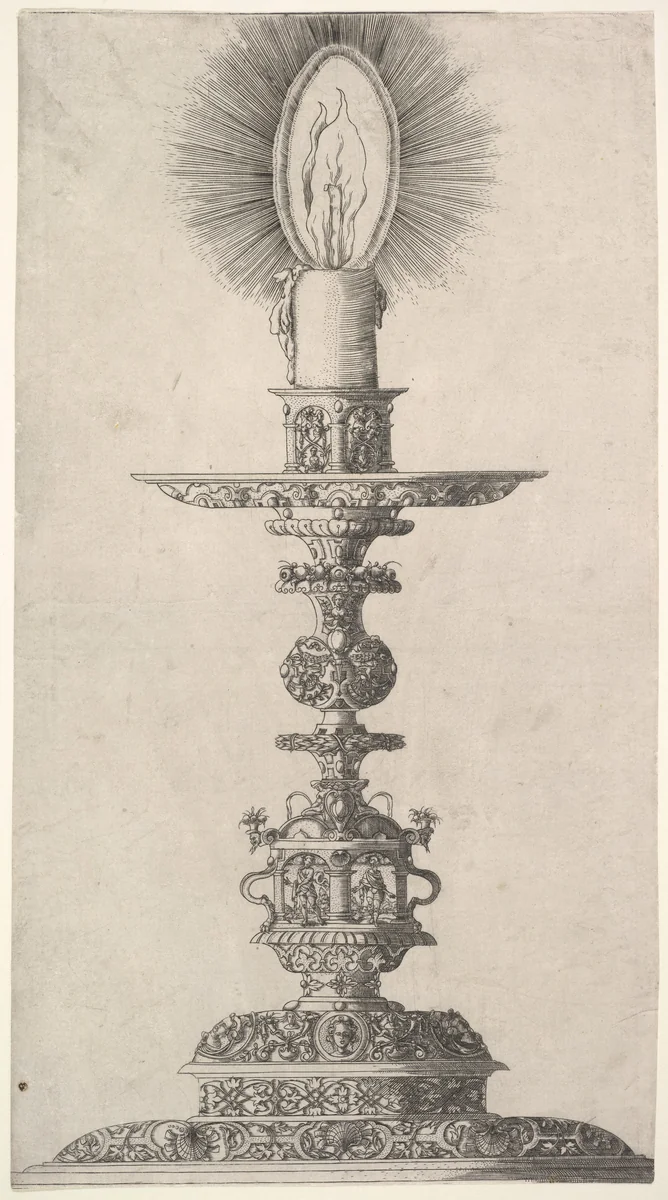 Candlestick with Lighted Candle from: Insigne Ac Plane Novum Opus Cratero graphicum; Ein new kunnstbuch (...) von allerley trinnckgeschiren Credenntzen unnd Bechernn (...) by Matthias Zündt, print, 1500-1599