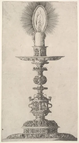 Candlestick with Lighted Candle from: Insigne Ac Plane Novum Opus Cratero graphicum; Ein new kunnstbuch (...) von allerley trinnckgeschiren Credenntzen unnd Bechernn (...) by Matthias Zündt, print, 1500-1599