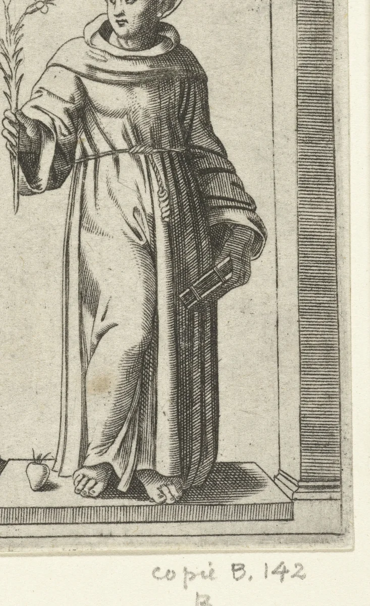 Heilige Antonius van Padua met lelie en hart by anonymous, print, 1500-1575