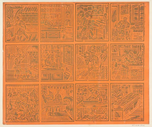 Blad met twaalf ambachten in drie rijen van vier kaders by Dessauerschen Buntpapierfabrik, other, 1850-1920