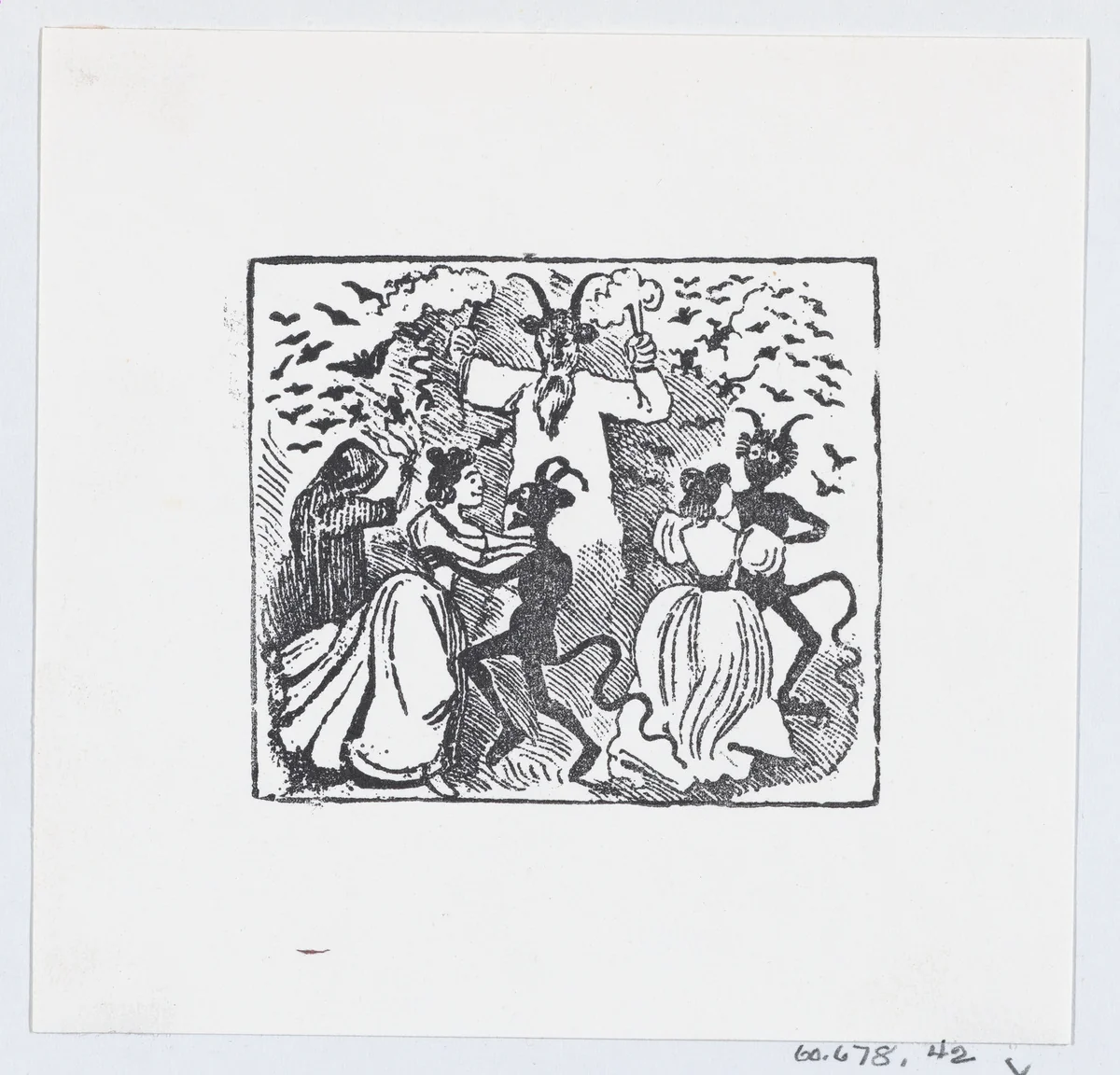 Demons dancing with women and bats flying through the sky by José Guadalupe Posada, print, 1875-1885