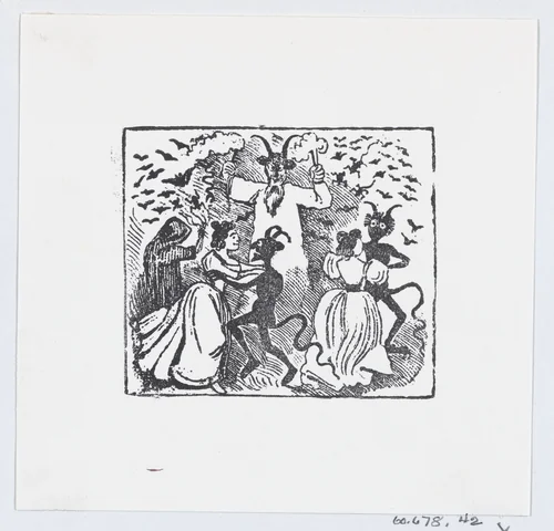 Demons dancing with women and bats flying through the sky by José Guadalupe Posada, print, 1875-1885