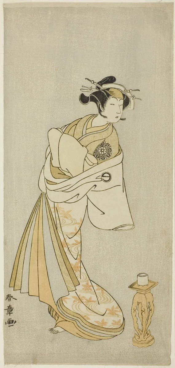 Actors Ichikawa Danjûrô V as the Spirit of the Monk Seigen and Nakamura Noshio I as the Spirit of the Courtesan Takao in “Courtesan in a Maple-Leaf-Pattern Over-Kimono” (“Keisei Momiji no Uchikake”) by Katsukawa Shunshô (勝川春章), print, 1767-1777