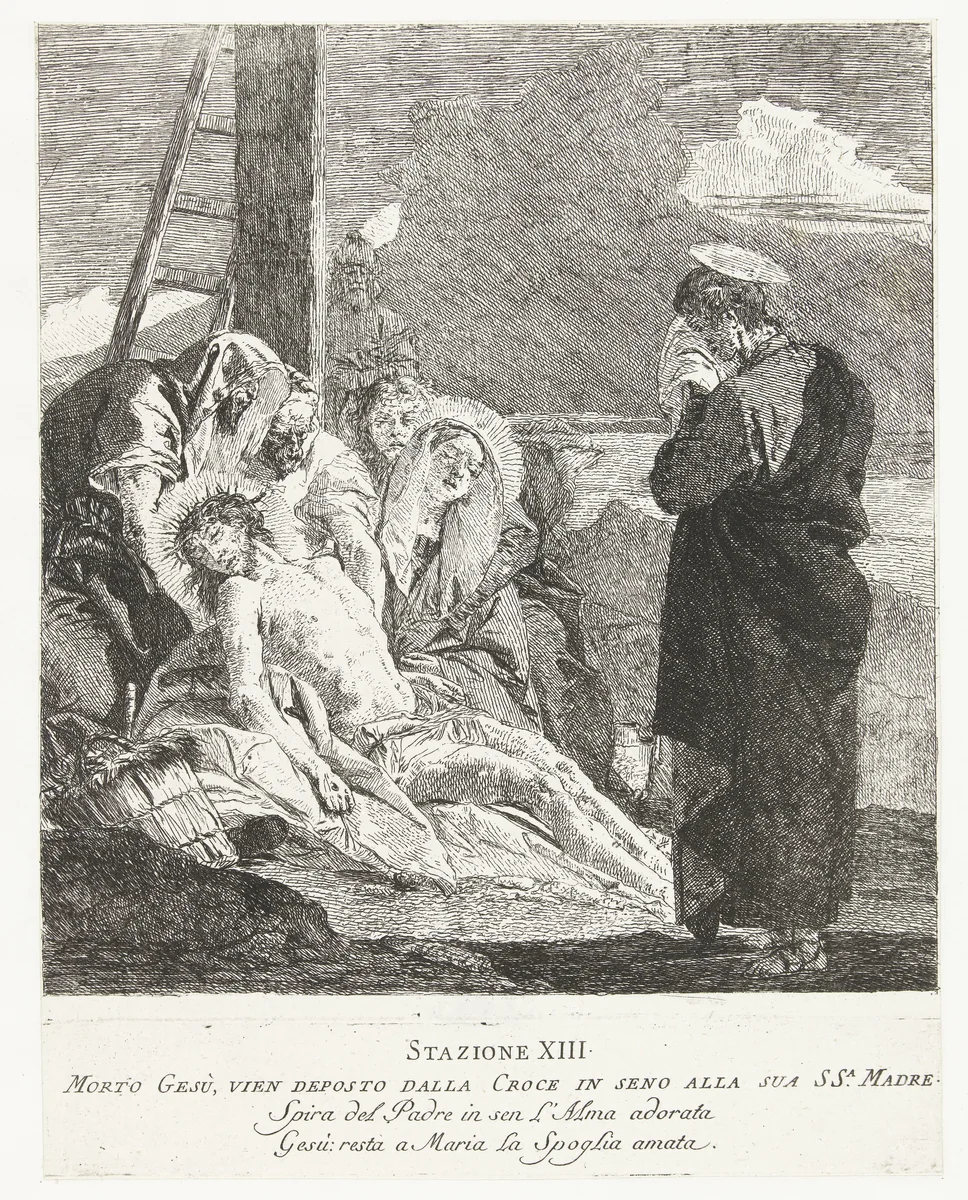 Bewening van Christus dode lichaam na kruisafneming by Giovanni Domenico Tiepolo, print, 1747-1749