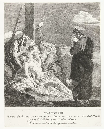 Bewening van Christus dode lichaam na kruisafneming by Giovanni Domenico Tiepolo, print, 1747-1749