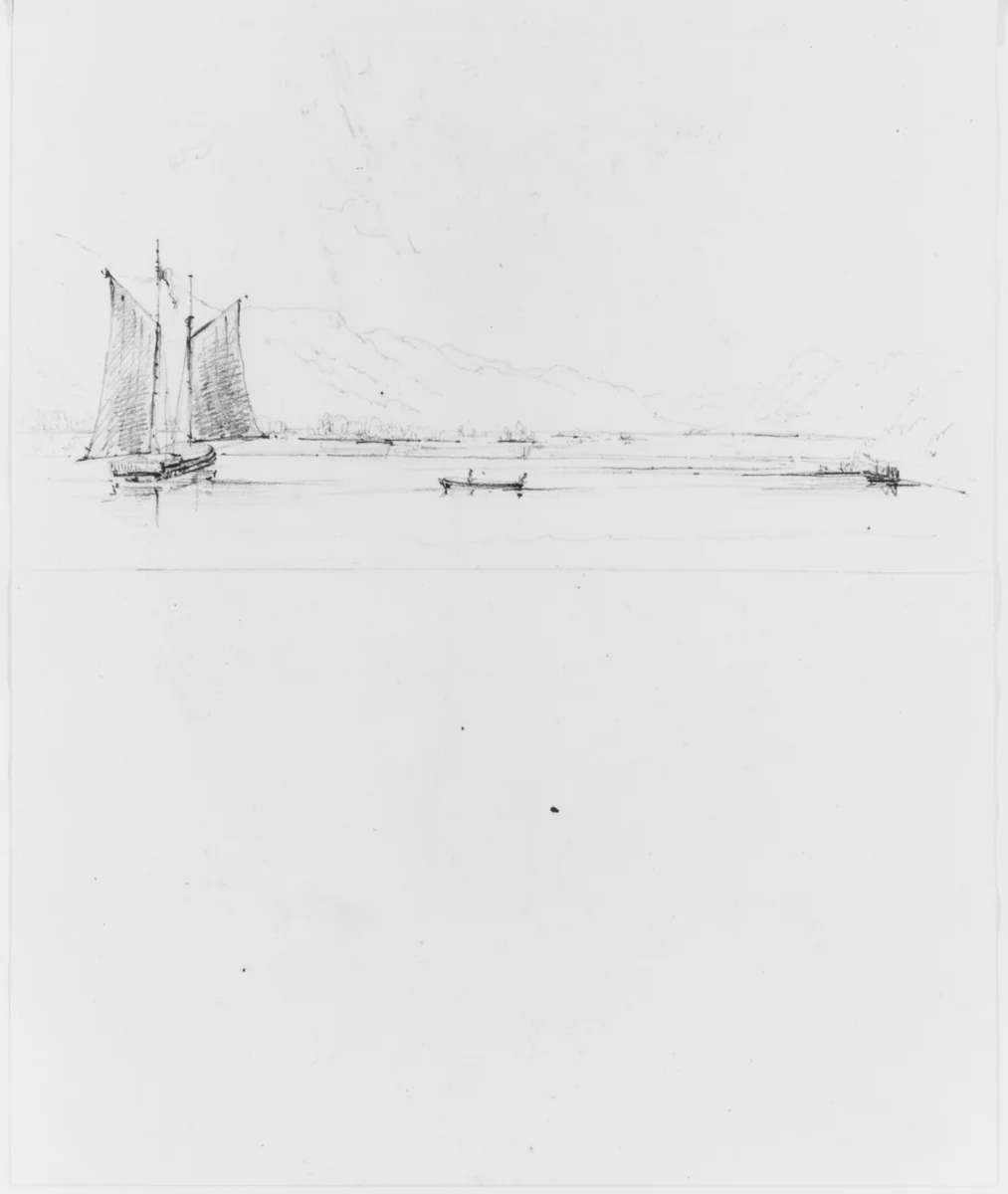 Study of Lake, with Sailboat and Canoe, Set Against Mountains (from Sketchbook) by John William Casilear, artwork, 1834-1838