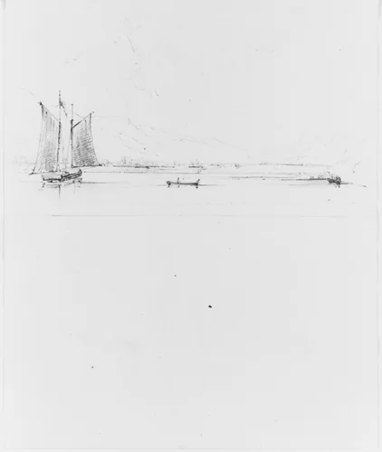 Study of Lake, with Sailboat and Canoe, Set Against Mountains (from Sketchbook) by John William Casilear, artwork, 1834-1838