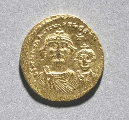 Solidus with Heraclius and his Son Heraclius Constantine (obverse) by Unknown, metalwork, 616-625