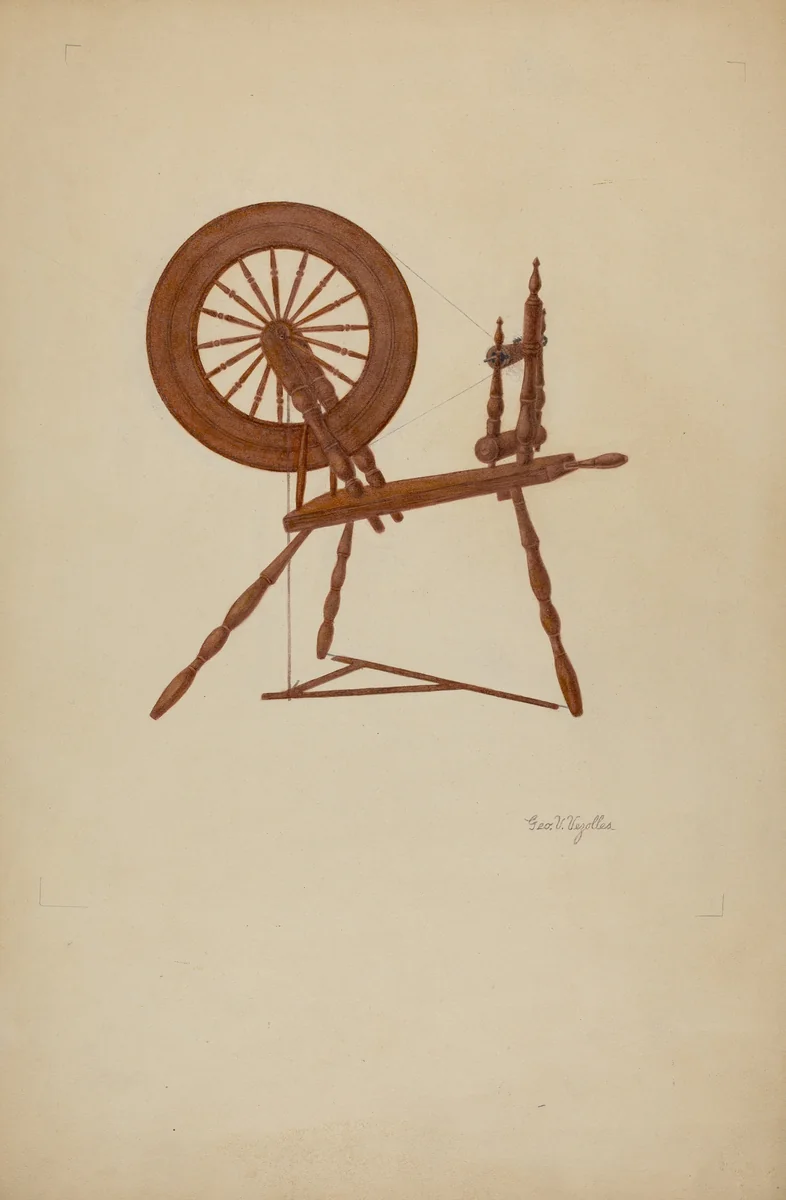 Shaker Spinning Wheel Flax by George V Vezolles, index of american design, 1941