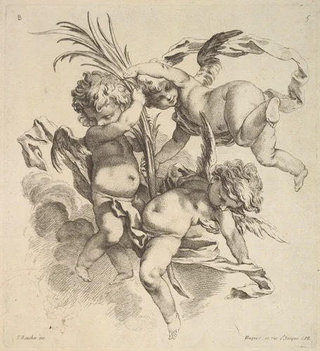 Three Children Among Clouds Near a Palm Leaf by Gabriel Huquier, print, 1738-1745