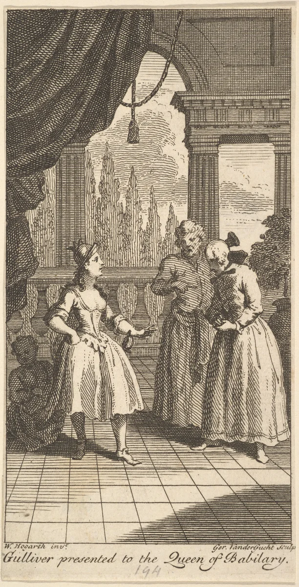 Gulliver Presented to the Queen of Babilary, Frontispiece to "The Travels of Mr. John Gulliver" by Gerard Vandergucht, print, 1730