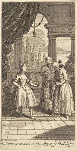 Gulliver Presented to the Queen of Babilary, Frontispiece to "The Travels of Mr. John Gulliver" by Gerard Vandergucht, print, 1730