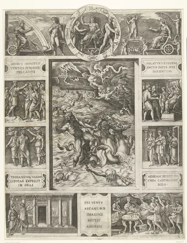 Jupiter bedaart de storm op zee in rechthoekige omlijsting met negen scènes uit epos Aeneis by Marcantonio Raimondi, print, 1515-1516