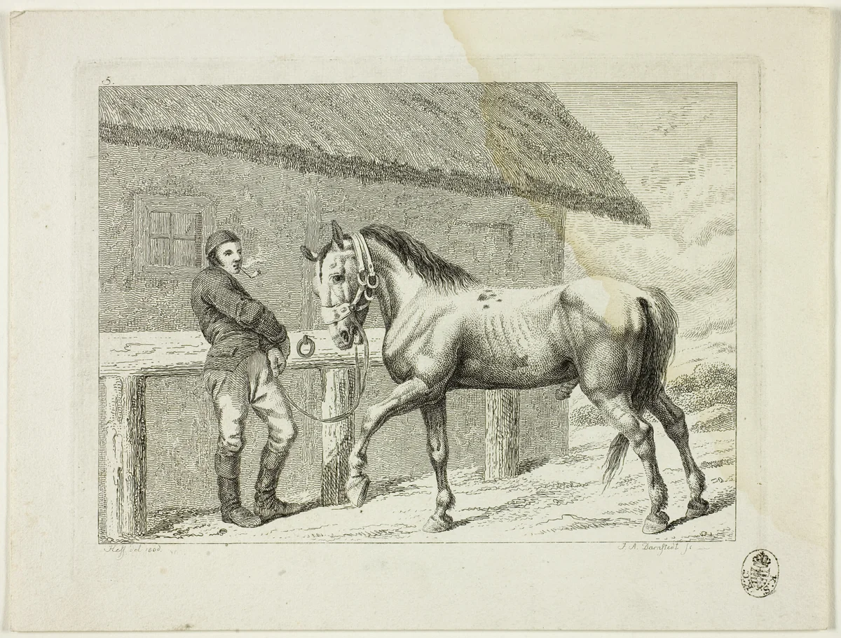 Riding School and Horses by Carl Adolph Heinrich Hess, print, 1806