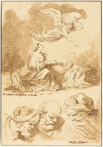 Hagar Consoled by an Angel (from a painting by Castiglione) and Three Heads of Old Men (from a painting by Ricci of Jesus and the Adultress) by Jean-Claude-Richard
Sebastiano Ricci
Jean Honoré Fragonard
Giovanni Benedetto Castiglione, print, 1774