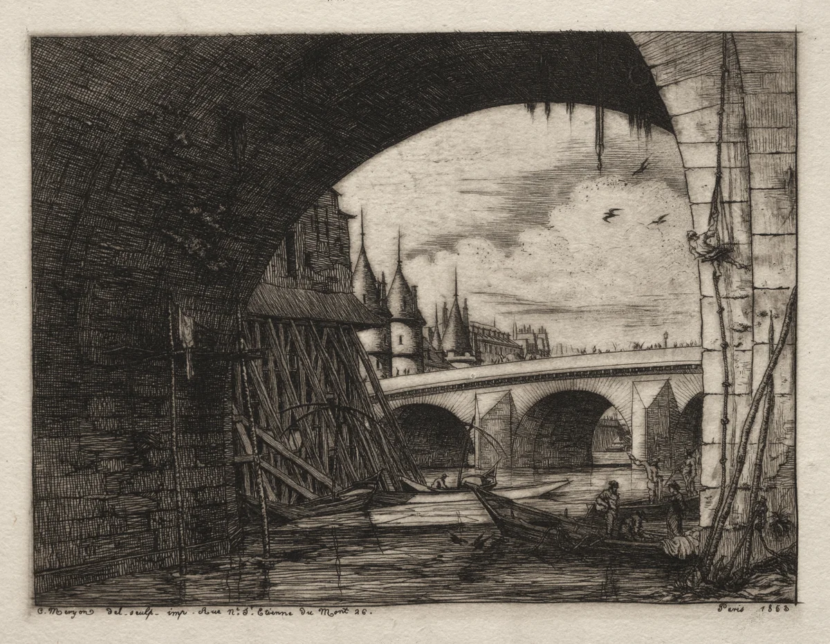 L'arch du Pont Notre Dame, Paris by Charles Meryon, print, 1853