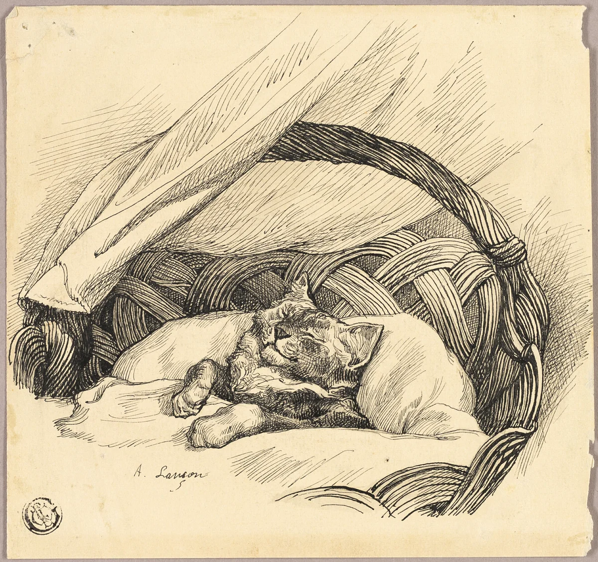 Cat Asleep in Basket by Auguste Andre Lançon, drawing, 1856-1887