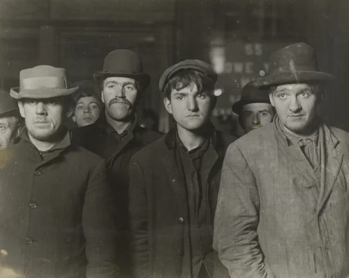 Bowery Mission Bread Line, 2 A.M. by Lewis Wickes Hine, photograph, 1906