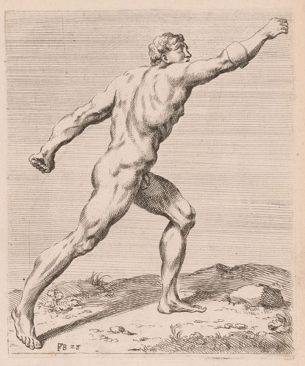 The Borghese Gladiator, side view, turned to right [plate 28] by François Perrier, print, 1638