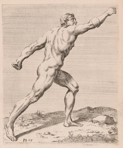 The Borghese Gladiator, side view, turned to right [plate 28] by François Perrier, print, 1638