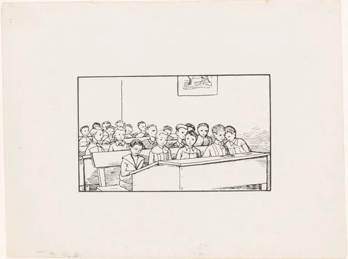 Jongens in schoolbanken in een klas by Julie de Graag, print, 1878-1924