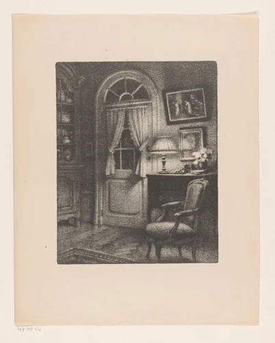 Interieur met leunstoel, bij lamplicht by René Janssens, print, 1880-1936