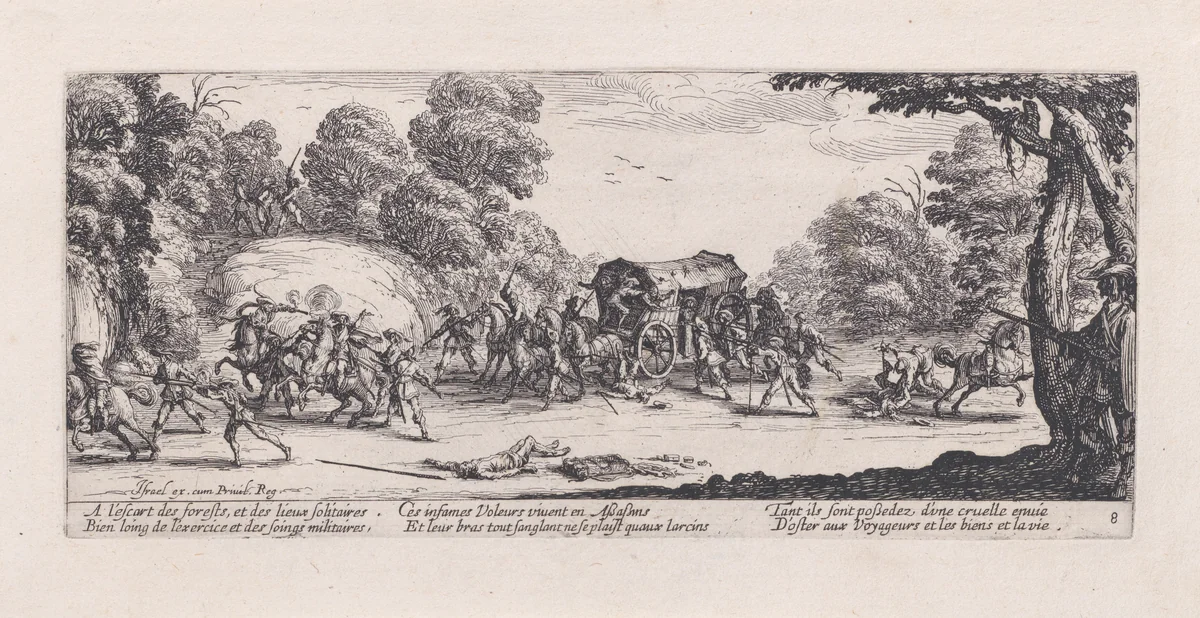 L'Attaque de la Diligence (The Attack of the Stagecoach), plate 8 from "Les Misères et les Mal-Heures de la Guerre" (The Miseries and Misfortunes of War) by Jacques Callot, print, 1633