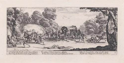 L'Attaque de la Diligence (The Attack of the Stagecoach), plate 8 from "Les Misères et les Mal-Heures de la Guerre" (The Miseries and Misfortunes of War) by Jacques Callot, print, 1633