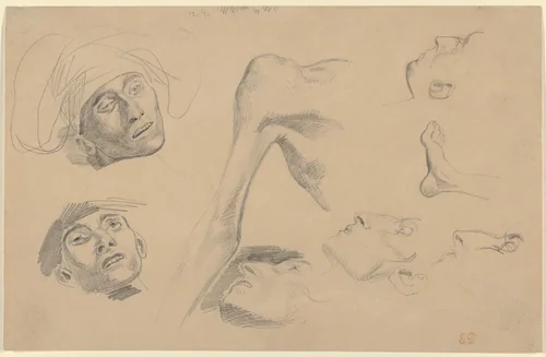 Head, Shoulder, and Foot, Studies for "Scenes from the Chios Massacres" by Eugène Delacroix, drawing, 1823