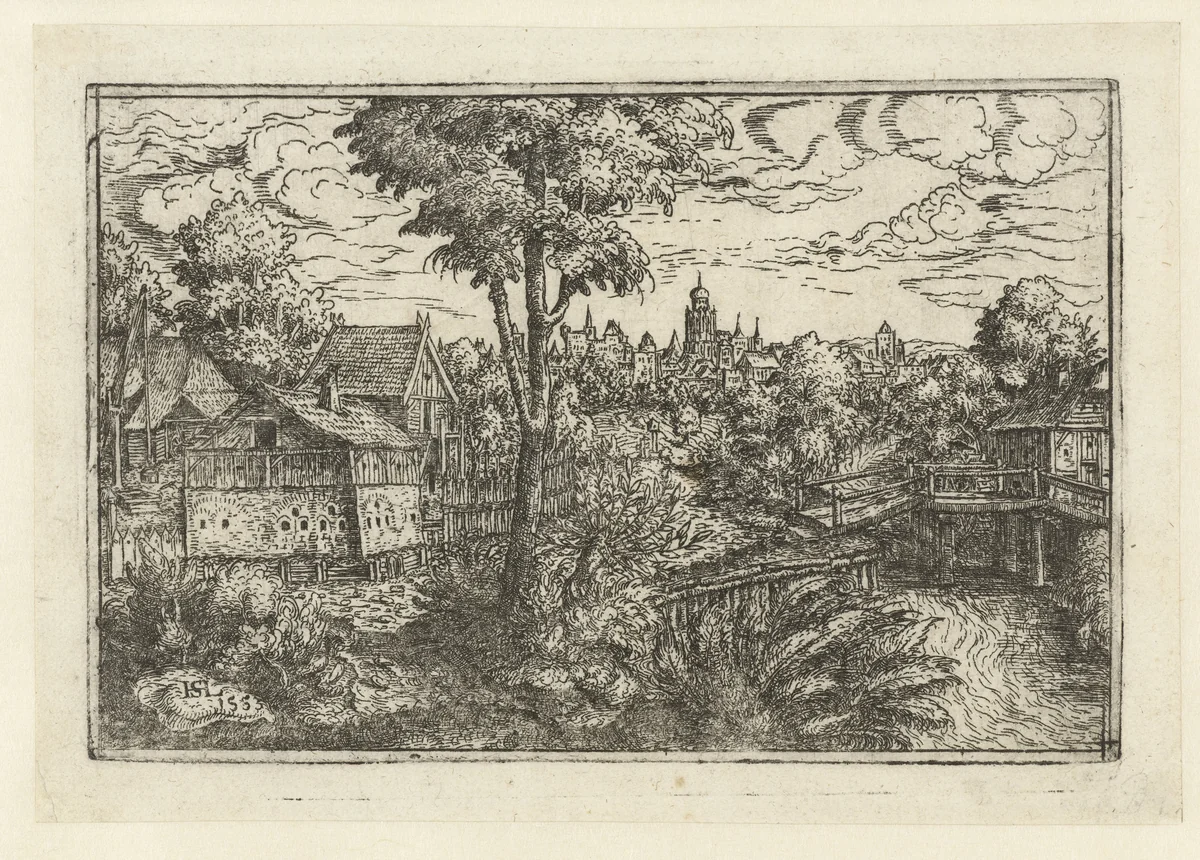 Landschap met boerderij en houten brug by Unknown, print, 1553