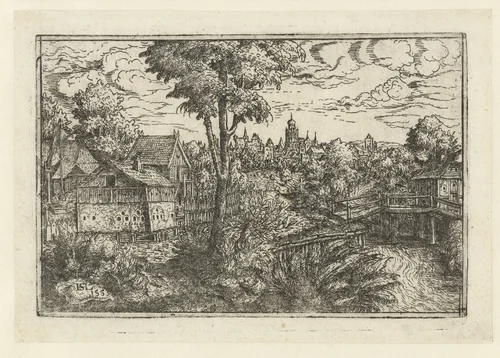 Landschap met boerderij en houten brug by Unknown, print, 1553