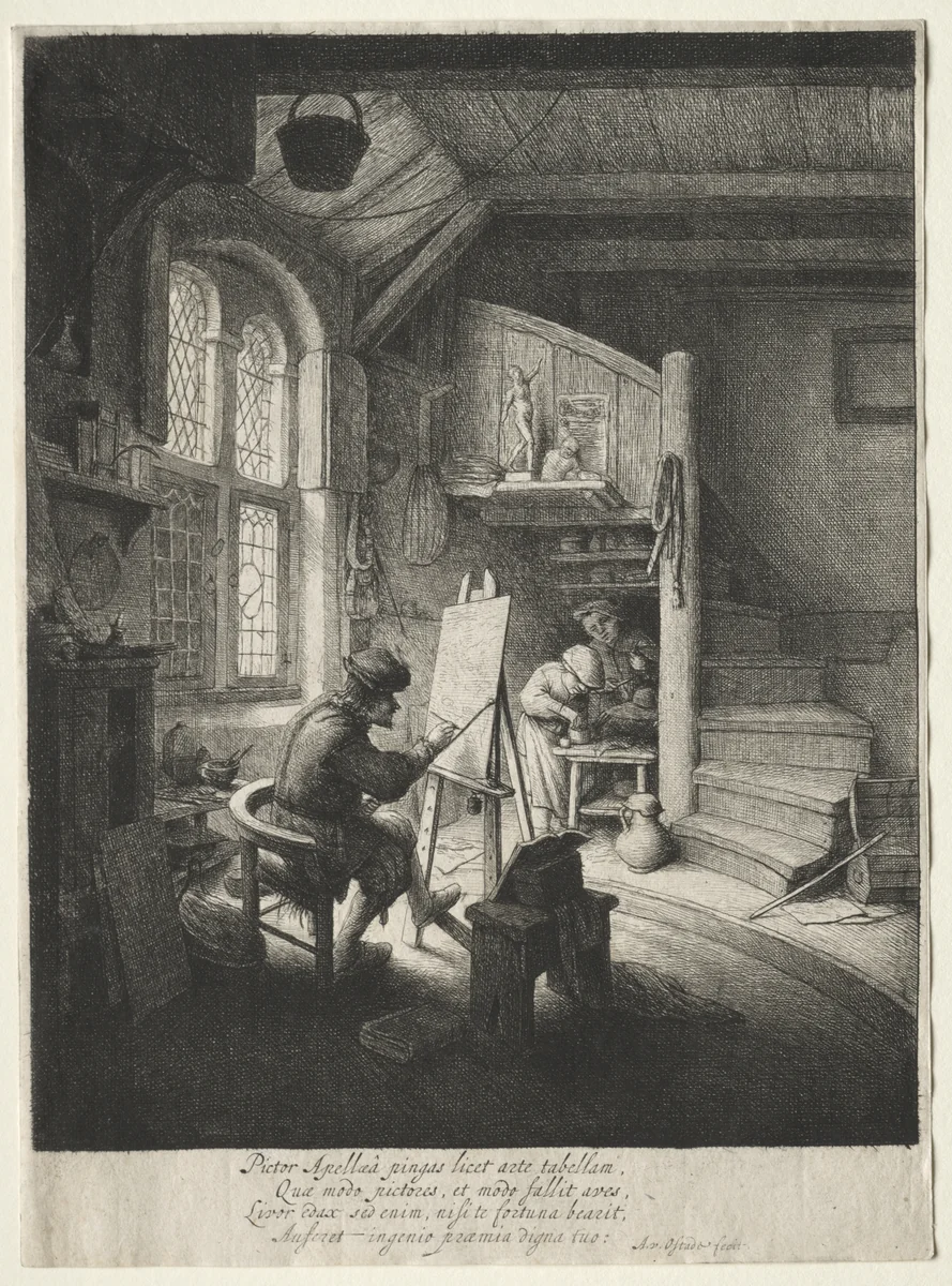 The Painter's Studio by Adriaen van Ostade, print, 1642-1653