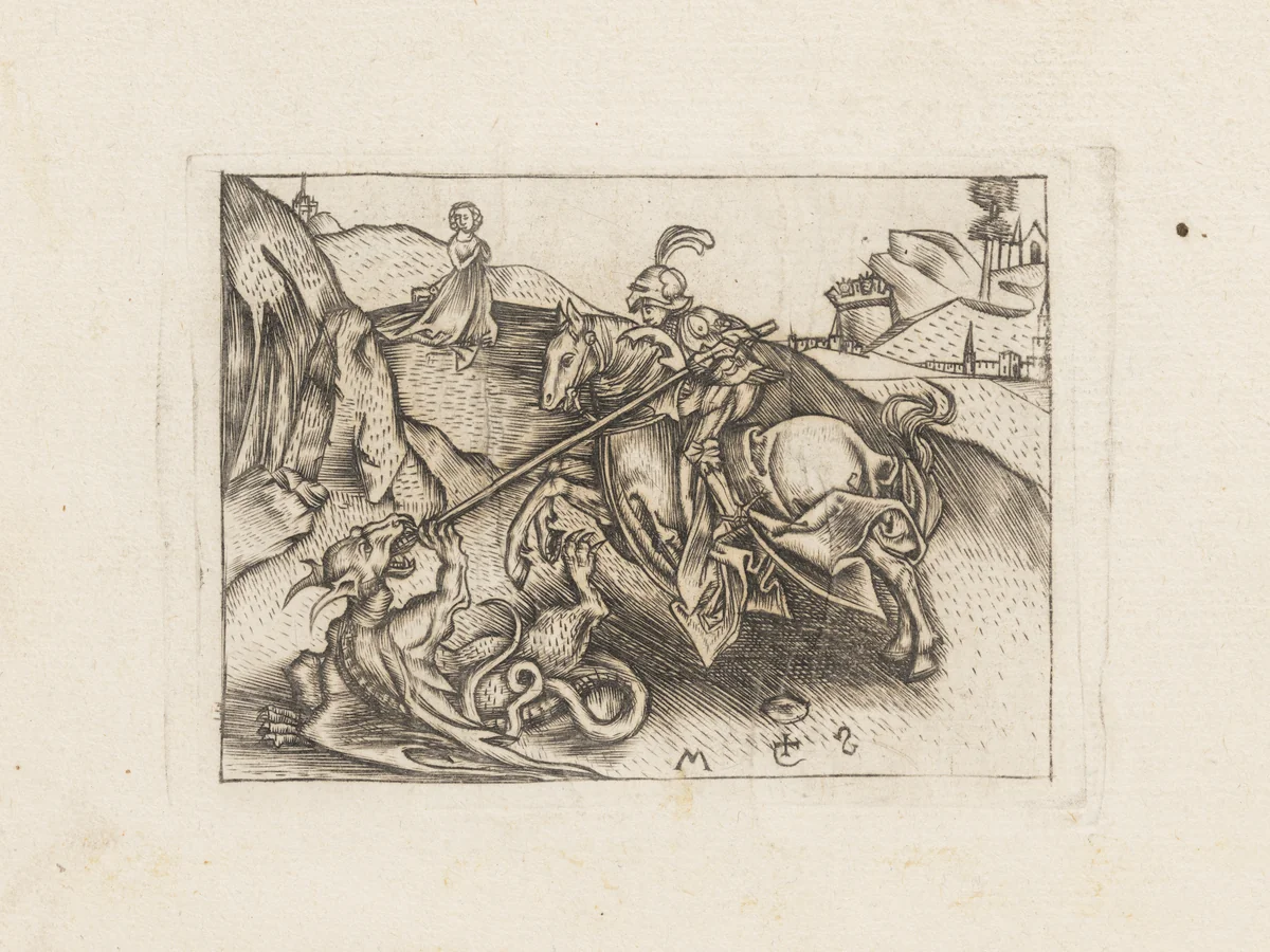 St. George and the Dragon; Designs for Goldsmiths by Israhel van Meckenem, print, 1470-1503