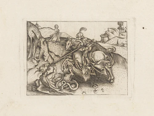 St. George and the Dragon; Designs for Goldsmiths by Israhel van Meckenem, print, 1470-1503