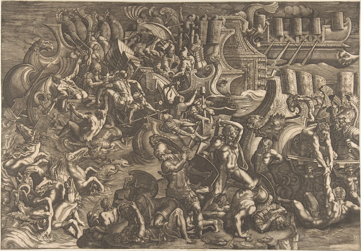 The Trojans repulsing the Greeks by Giovanni Battista Scultori, print, 1538