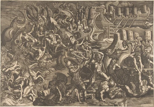 The Trojans repulsing the Greeks by Giovanni Battista Scultori, print, 1538