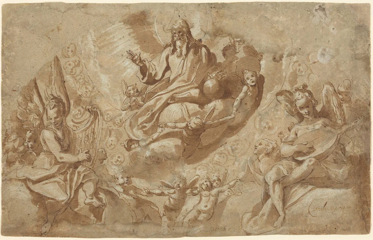 God the Father and Angels on Clouds by Raffaello Motta, drawing, 1550-1578