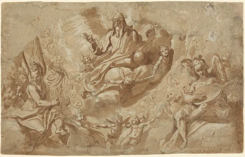 God the Father and Angels on Clouds by Raffaello Motta, drawing, 1550-1578